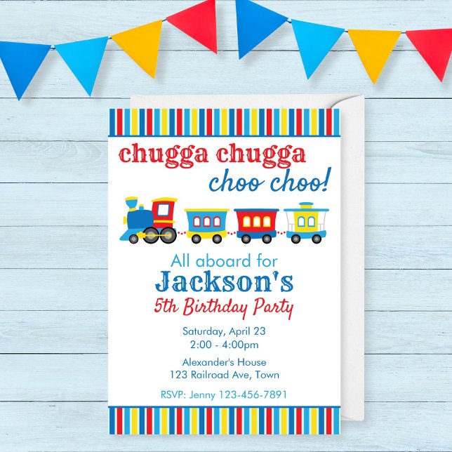 Convite Aniversário do Trem Fofo (Invitation for a train birthday party with a cute train illustration in primarty colors)