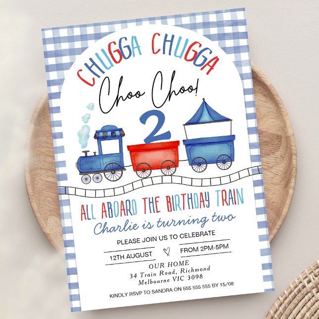 Convite Aniversário do trem Red Blue Gingham Chugga Chugga (Printable Red Blue  Train Themed Birthday Invitation for Baby Boy, Chugga Chugga Choo Chool Train)