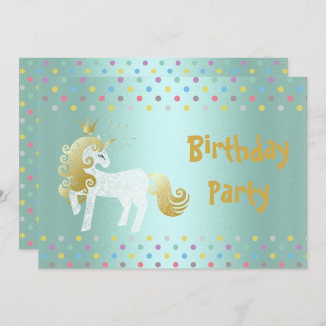 CONVITE ANIVERSÁRIO DO UNICORN BRANCO VERDE SAGE SPOT PAST (Frente/Verso)