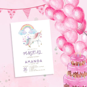 Convite Aniversário do Unicorn Magical Rainbow Watercolor