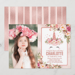 Convite Aniversário do Unicórnio Mágico/Bonito Rosa Dourad