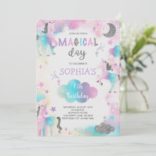 Convite Aniversário do Unicórnio Mágico da Silver Glitter (Em pé/Frente)