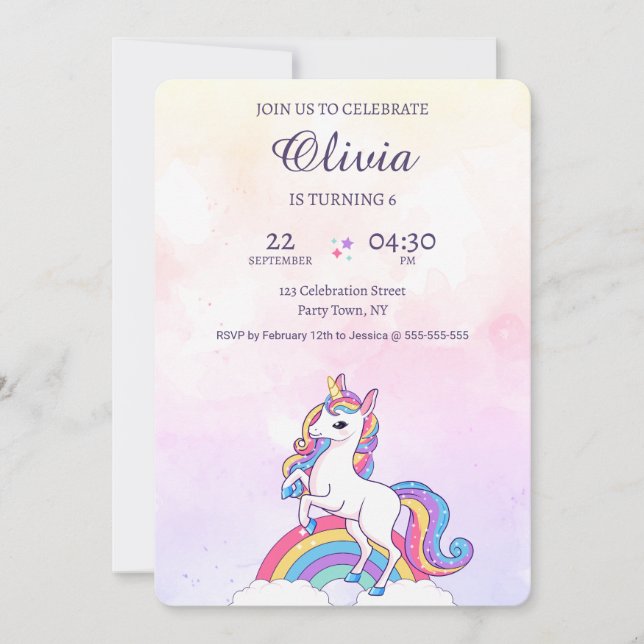 Convite Aniversário do Unicórnio Rosa e Púrpura (Frente)