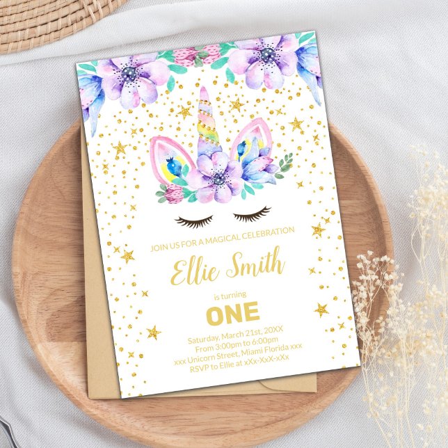 Convite Aniversário do Unicorno Floral Roxo Editável (Purple Floral Unicorn Birthday Invitations)