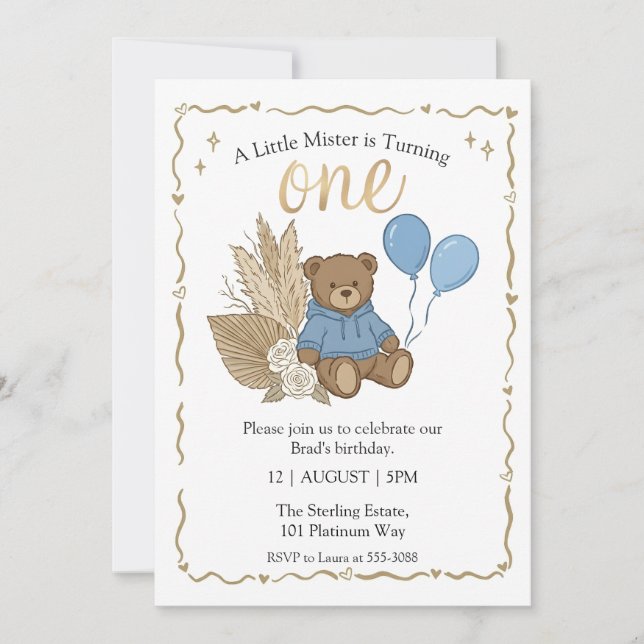 Convite Aniversário do Ursinho Teddy Marrom Boho Balões Az (Frente)