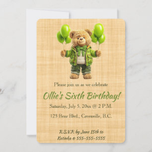Convite Aniversário do Urso Editável Com Balões Verdes