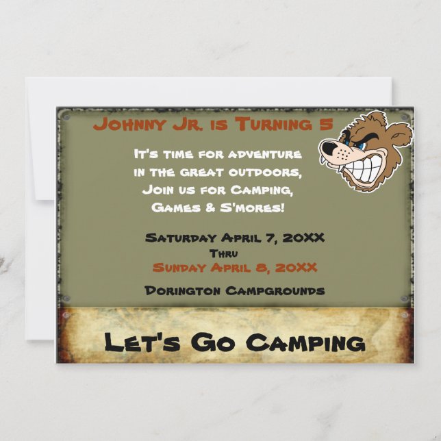Convite Aniversário do Urso Grizzly Campout (Frente)