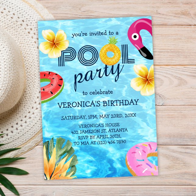 Convite Aniversário do Verão Moderno da Tendência do Parti (Pool Party Trendy Modern Summer Birthday Invitation)
