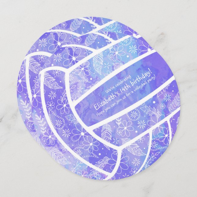 Convite Aniversário do vôlei do modelo floral roxo (Frente/Verso)