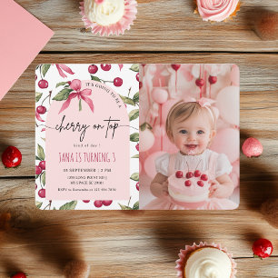 Convite Aniversário do Watercolor Cherry Red & Pink Photo