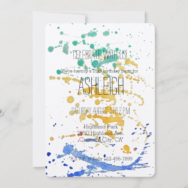 Convite Aniversário do Watercolor Paint Splatters (Frente)