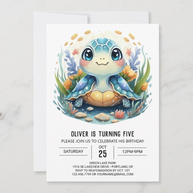 Convite Aniversário do Whimsy Printable Watercolor Turtle  (Frente)
