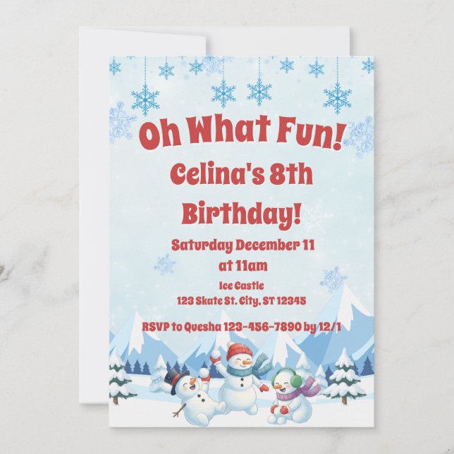 Convite Aniversário do Winter Snowmen "Oh What Divertido" (Frente)