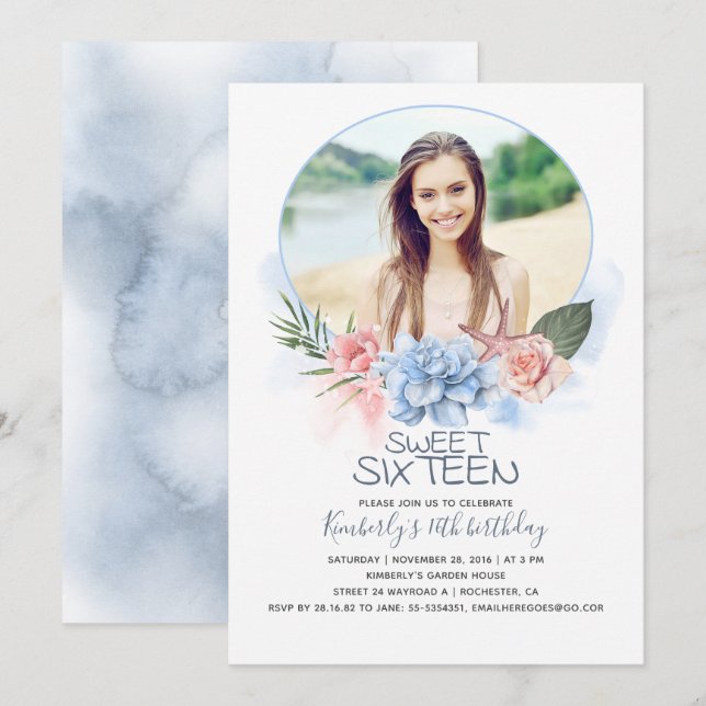 Convite Aniversário Doce 16 | Praia 16 Foto de Aniversário (Frente/Verso)