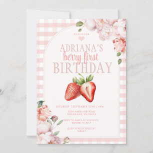 Convite Aniversário Doce de Gingham Berry, Cor-de-Rosa, Bl