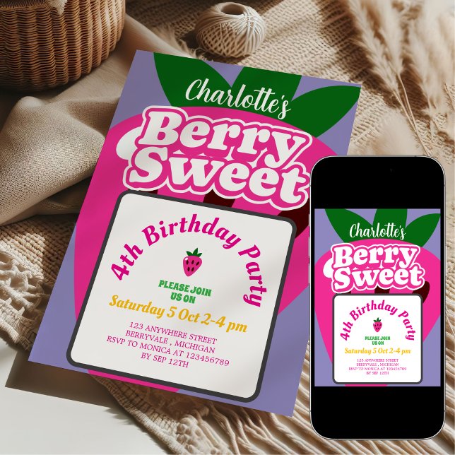 Convite Aniversário Doce de Morango Rosa e Roxo (Criador carregado)