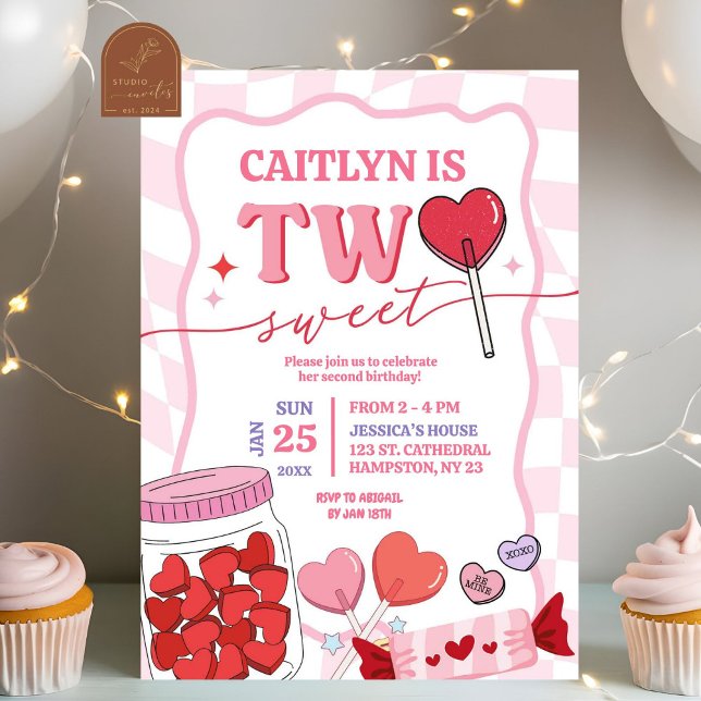Convite Aniversário Doce Duas Vezes Do Coração Retro Rosa (Criador carregado)