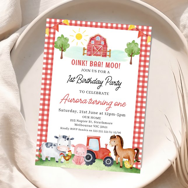 Convite Aniversário dos Animais da Fazenda da Xadrez Verme (Girls Red Farm Birthday Birthday Invitation, Barnyard Animals, Farm Birthday Invite, Red Tractor)