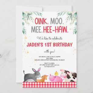Convite Aniversário dos Animais da Fazenda Red Gingham