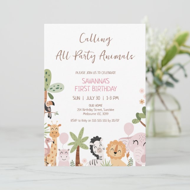 Convite Aniversário dos Animais de Festa Rosa Moderno (Em pé/Frente)