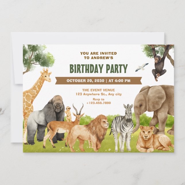 Convite Aniversário dos animais Safari (Frente)