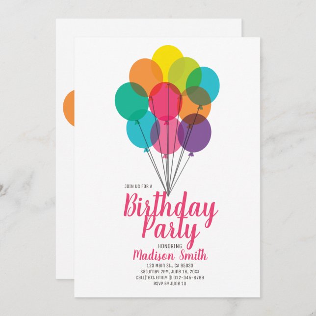 Convite Aniversário dos Balões Cons e Coloridos (Frente/Verso)