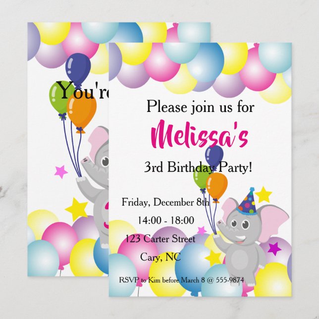 Convite Aniversário dos balões dos elefantes bebês (Frente/Verso)