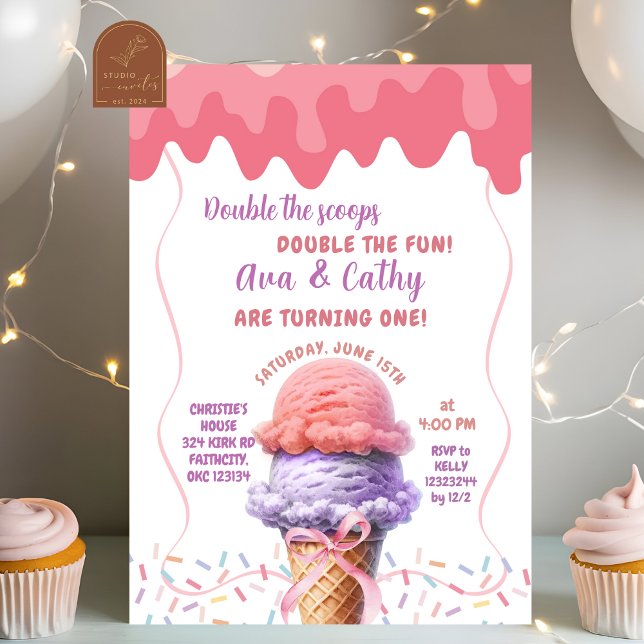Convite Aniversário dos Gêmeos Sorvete Double the Scoop (Criador carregado)