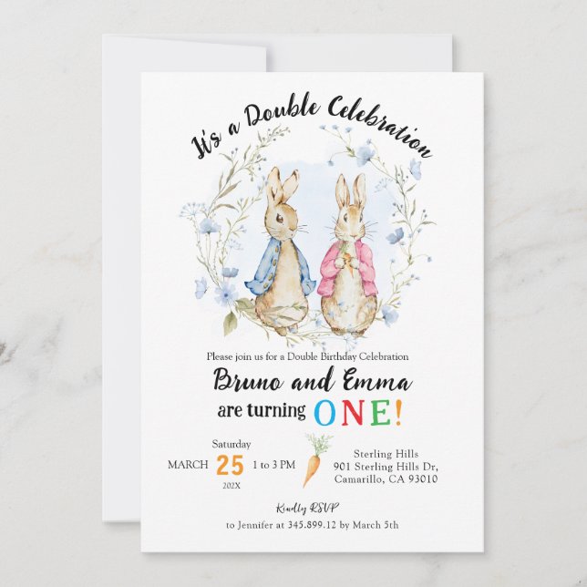 Convite Aniversário dos irmãos coelho Peter e Flopsy (Frente)