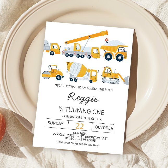 Convite Aniversário dos Veículos de Construção de Meninos  (Editable Construction 1st Birthday Invitation Boy, Any Age Modern Construction Birthday Invite,   )