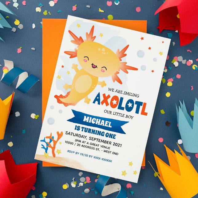 Convite Aniversário Dourado Axolotl Boy (Criador carregado)