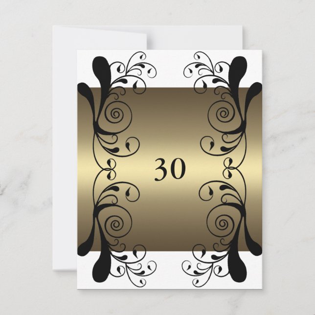 Convite Aniversário Dourado Branco & Preto Floral  (Frente)