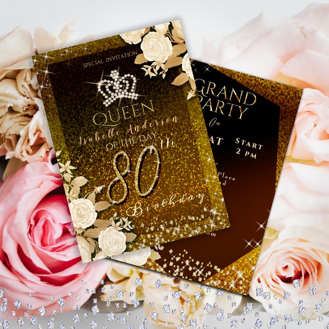 Convite Aniversário Dourado da Coroa 80 Glittering (Elegant crown birthday Invitation card for your mom or grandmother for her special 80th birthday.)