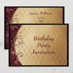 Convite Aniversário Dourado Damask & Faíscas Burgundy