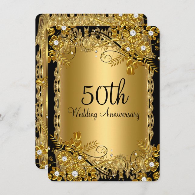 Convite Aniversário Dourado de 50 Anos com Floral em Diama (Frente/Verso)