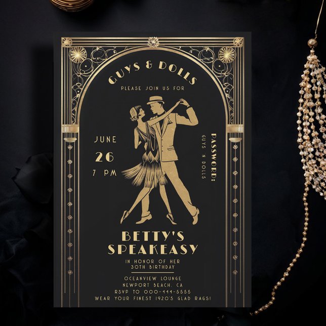 Convite Aniversário Dourado de Palavra  Gatsby 20s (roaring 20s speakeasy gatsby flapper dance dancing couple gold black adult birthday party invitation)