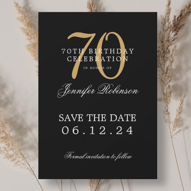 Convite Aniversário Dourado do 70 preto Guarde a Data (Gold Black 70th Birthday Save the Date Invitation)