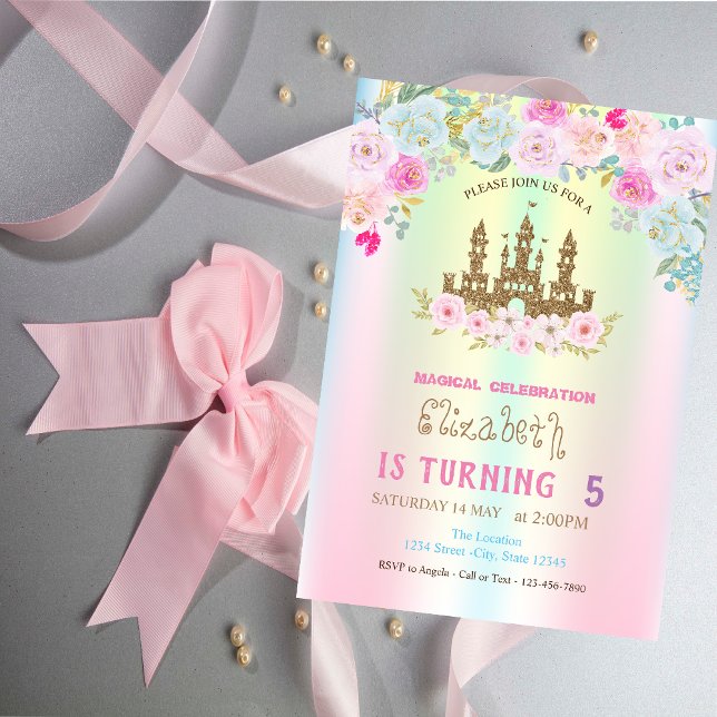 Convite Aniversário Dourado do Castelo de Glitter FIoral I (Criador carregado)