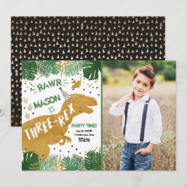 Convite Aniversário Dourado do Dinossauro Três Rex T-Rex R