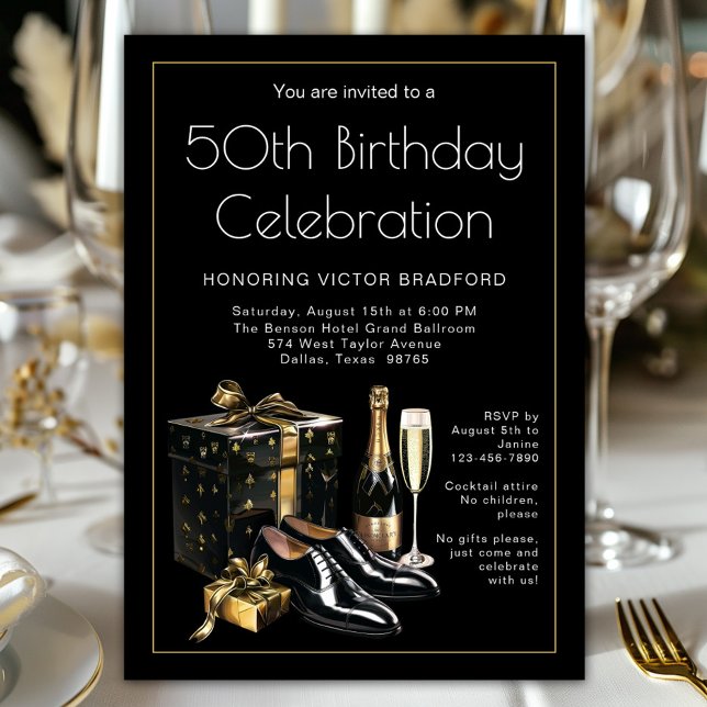 Convite Aniversário Dourado do Escalão de Alto Nível (Celebrate in style! Classy sophisticated black and gold any number birthday and event invitation. )