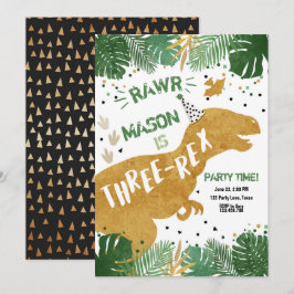 Convite Aniversário Dourado do menino de Three-Rex T-Rex