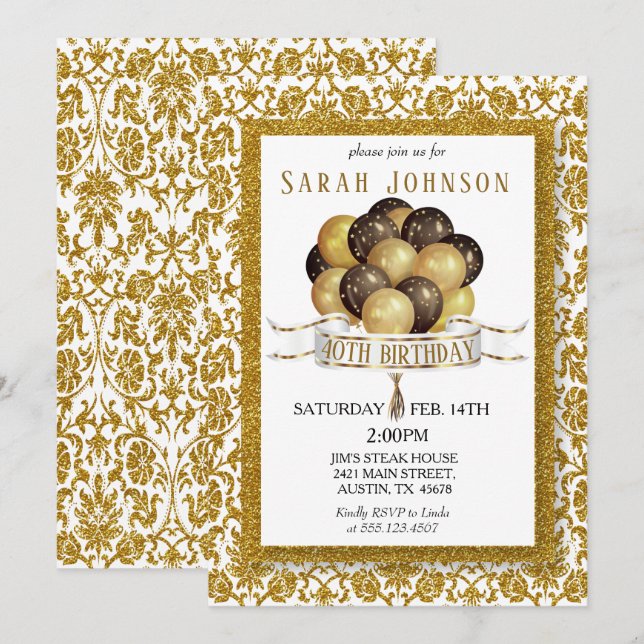 Convite Aniversário Dourado e brilhante do Damask (Frente/Verso)
