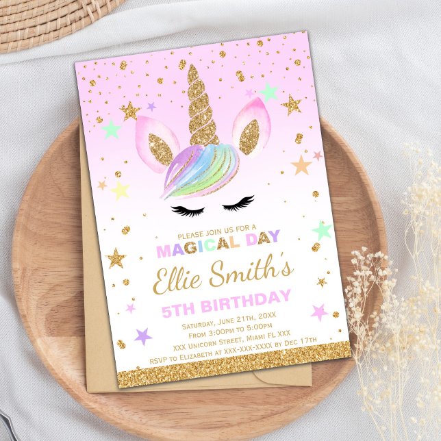 Convite Aniversário Dourado e personalizável da Glitter Un (Gold Glitter Unicorn Party Invitations)