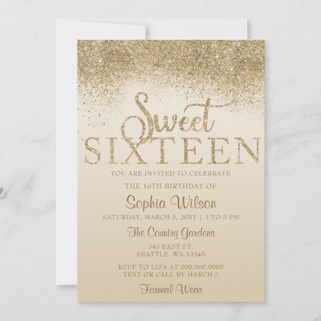 Convite Aniversário Dourado Glitter Sparkle Sweet 16 (Frente)