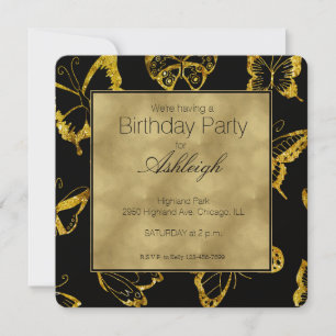 Convite Aniversário Dourado preto elegante das borboletas