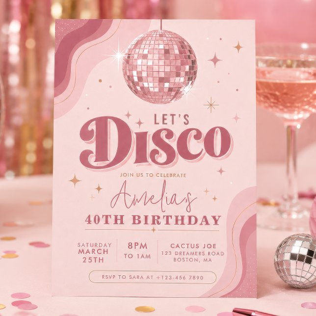 Convite Aniversário Dourado Rosa Disco Retro (Criador carregado)