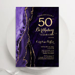 Convite Aniversário Dourado Roxo 50º Aniversário<br><div class="desc">Roxo e ouro agam 50º convite de aniversário. Elegante design moderno com aquarela agate marble geode background,  faux glitter gold e typografia script font. Trendy convida o cartão perfeito para uma comemoração de dia das mulheres na moda. Impressos convites Zazzle ou modelo de impressão digital instantânea para download.</div>