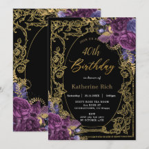 Aniversário Dourado Vintage Purple Floral Profundo