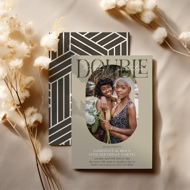 Convite Aniversário Duplo de Foto e Assinatura Oval Modern (Criador carregado)