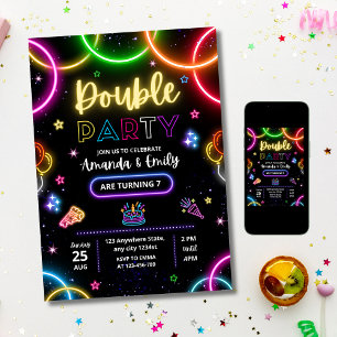 Convite Aniversário Duplo Gêmeos Neon Irmãos Aniversário G